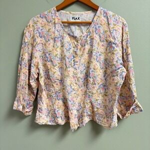 FLAX Womens 100% Linen Top Size M Floral Cottage Boho Lagenlook Boxy Peasant